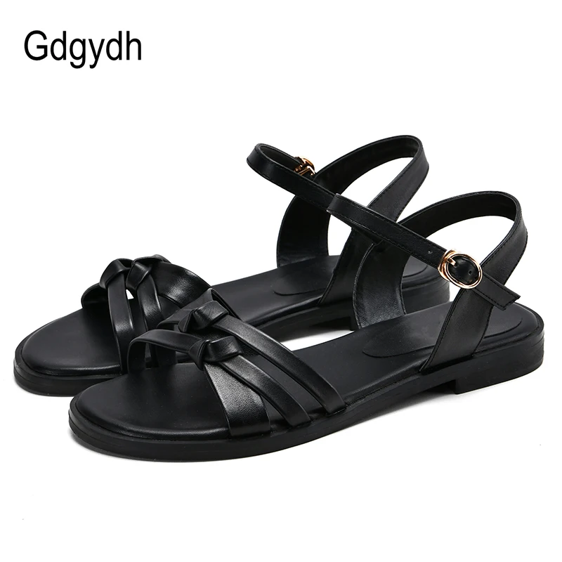 

Gdgydh White Black Leather Women Sandals Flat Casual Summer Genuine Leather Shoes Breathable Ankle Strap Wholesale Drop Shipping
