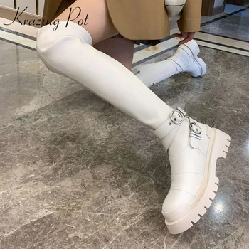 

Krazing pot cow leather round toe high heel stretch boots European style young lady streetwear fashion over-the-knee boots L16