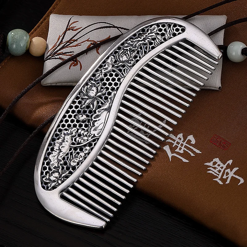 999 Чистое серебро ретро полый лист лотоса серебряная с подвесом расческа личности Творческие волосы расческа
