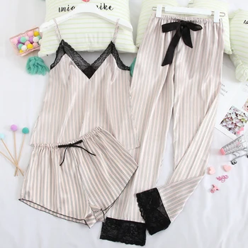 

Stain Silk Sexy Lace Pajamas Stripes pyjamas Spaghetti Strap Sleepwear for Women Comfortable Homewear 3 Piece pijamas 2020