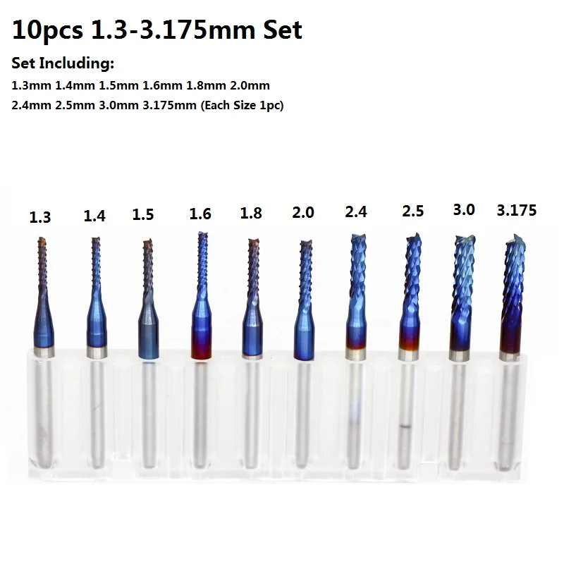 10pc 1.3-3.175mm Set XCAN 10 шт. 3,175 хвостовик с синим покрытием твердосплавные концевые фрезы ЧПУ Маршрутизатор биты для гравировки края режущая Концевая фреза 0,8-3,0 мм - Длина режущей кромки: 10pc 1.3-3.175mm Set