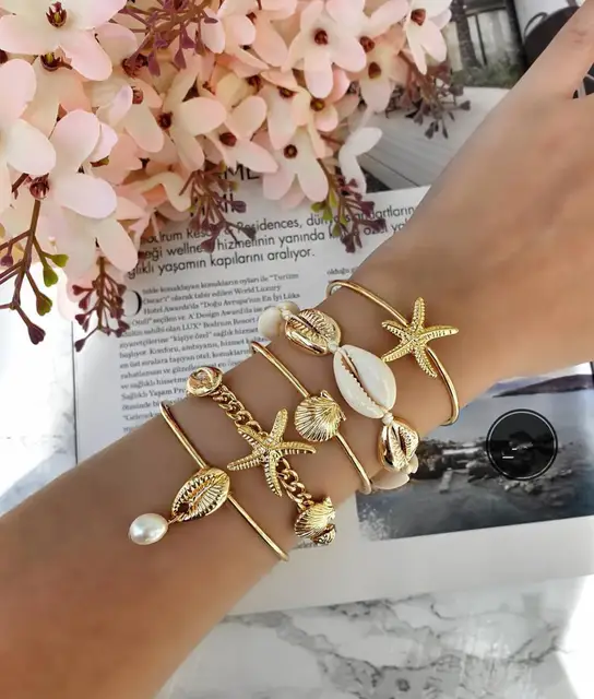 5pcs/lot Bohemian Mixed Golden Shell Starfish Bracelet Women Summer Beach Casual Jewelry Accessories Friendship Gift 1