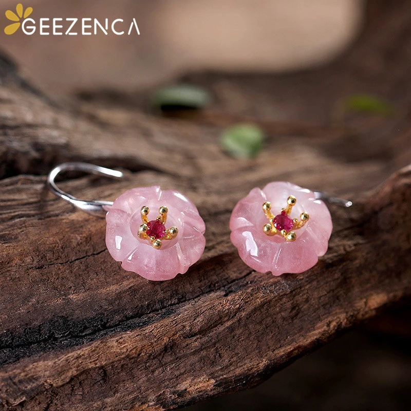 

925 Sterling Silver Jewelry Natural Pink Crystal Plum Blossom Drop Earrings Gemstone Flower Women's Earrings Party Gift 2020 New