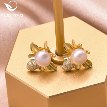 

XlentAg Natural Pink Stone Bee Stud Earrings Party For Women Wedding 925 Sterling Silver Cute Earrings Fine Jewellery GE0641