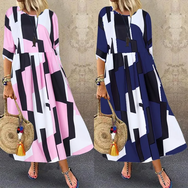 

Women's Geometric Print Maxi Dress ZANZEA 2019 Fashion Summer Sundress Long Vestidos Female Casual Patchwork Robe Oversized 5XL