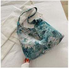  Driga Portable Oil Painting Style Shoulder Bags For Female Design Canvas Underarm Handbags Female Retro Temperament Large Bags 