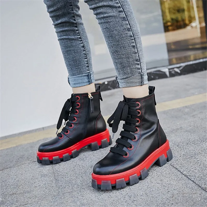 

PXELENA Luxury 34-41 Women Punk Martin Boots Genuine Leather Lace Up Thick Platform Chunky Goth Biker Motorcycle Combat Shoes