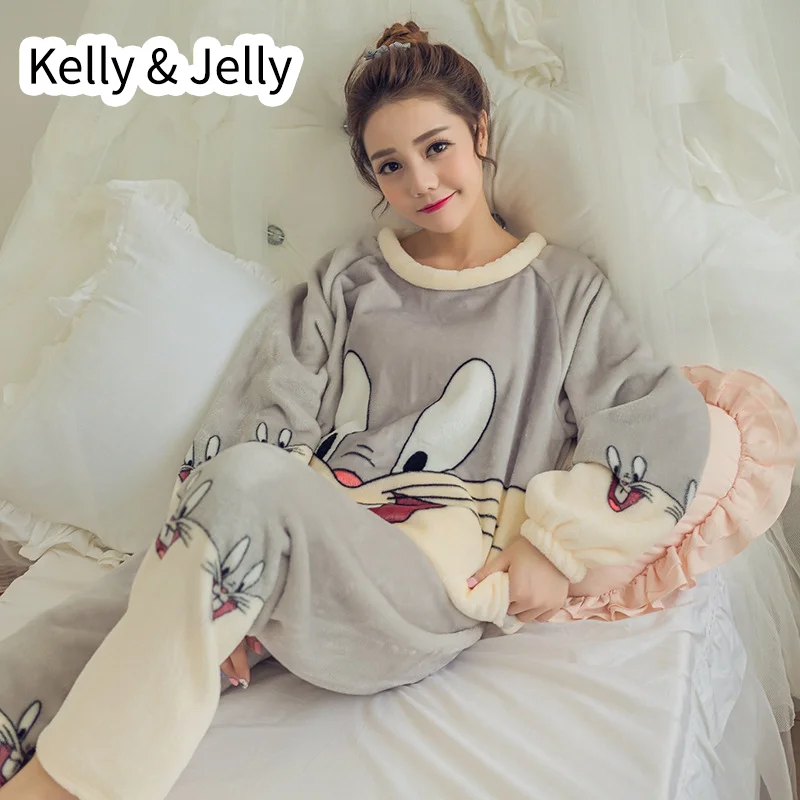 Фланелевые пижамы для женщин, зимние толстые теплые с длинным рукавом, Коралловая шерсть, прекрасный мультфильм, Корейская повседневная домашняя одежда