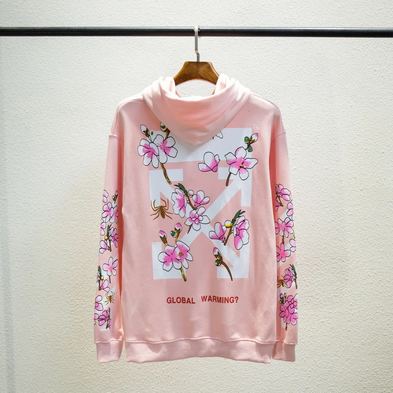 19ss Off-White OW цветы стрела мужчины женщины унисекс влюбленные Мода хлопок Повседневная Толстовка с капюшоном свободная Куртка Пуловер - Цвет: Pink