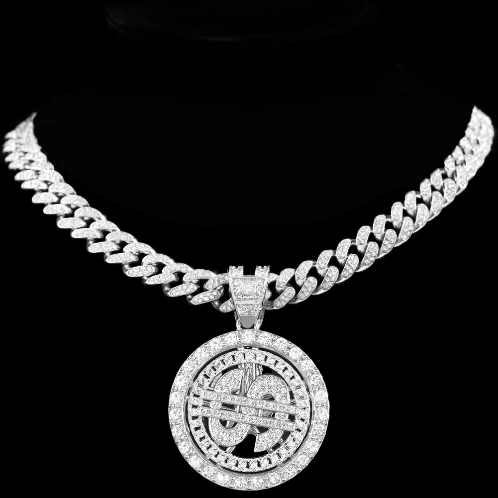 Bling Rhinestone Dollar Pendant Necklace For Men Silver Color Iced