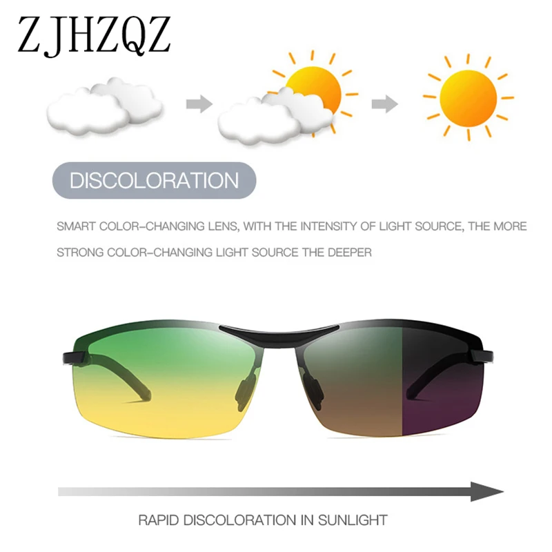 

Men Rimless Polarized Photochromic Sunglasses Day and Night Vision Change Black Driving Fashion Retro Chameleon Transition Lens