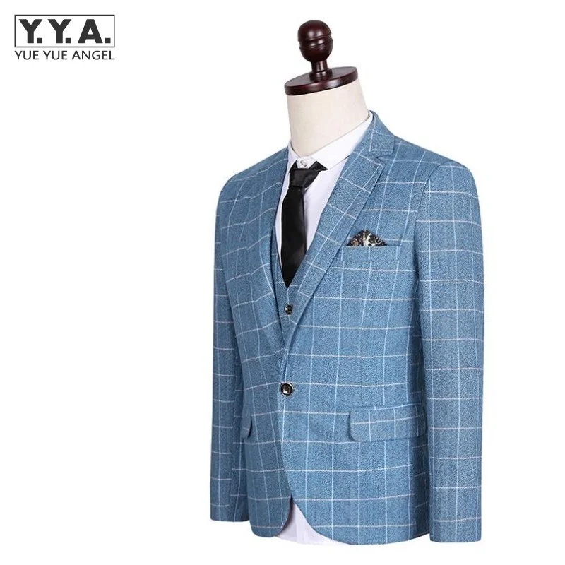 

Брендовые Новые повседневные клетчатые костюмы для джентльменов, корейские трендовые мужские облегающие костюмы для жениха, мужские 3 предмета (пиджак + брюки + жилет)