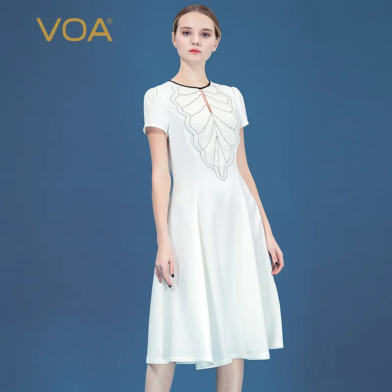 

VOA's new pure white heavy stretch silk round neck arch needle organza collage simple slim short sleeve dress A10210