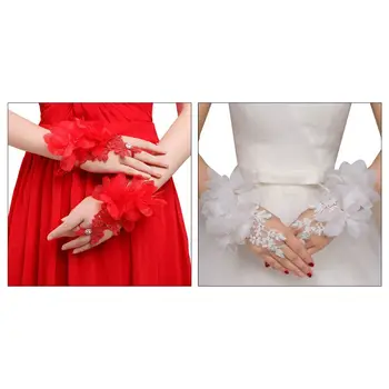 

Embroidery Lace Fingerless Gloves Flower Rhinestone Wedding Bridal Short Mittens