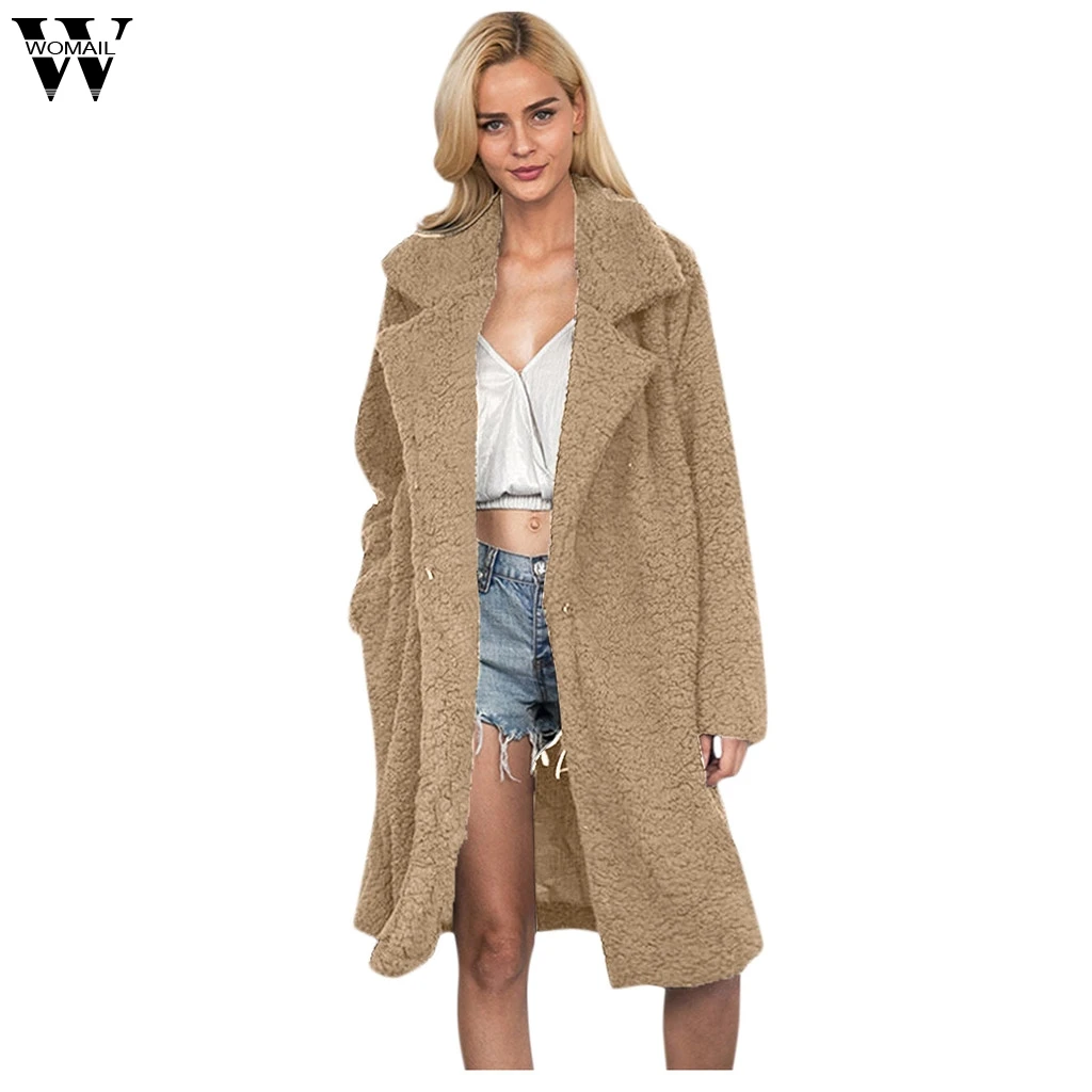 Womail Women Long Sleeve Autumn Winter Thick faux fur Warm Jacket Coats Plus Size Loose Pocket Pink Lady Plush Overcoat