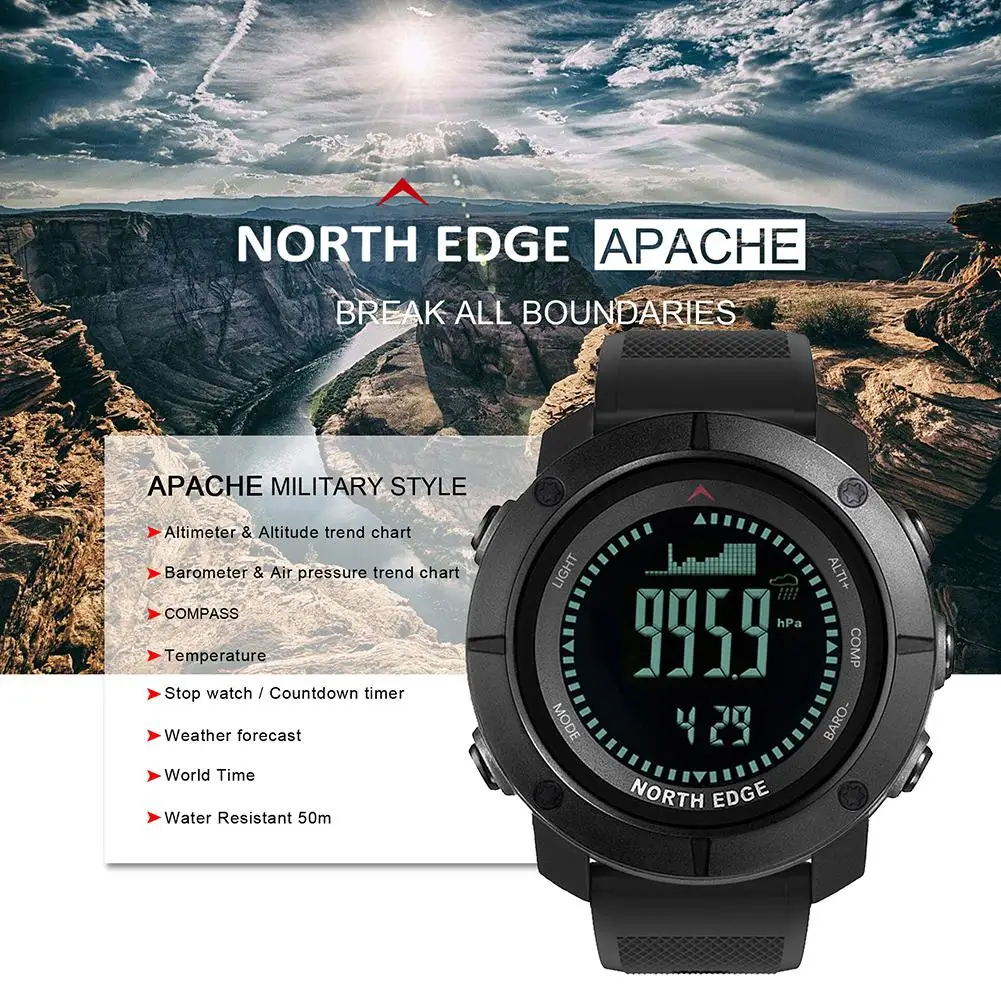 Мужские умные цифровые наручные часы NORTH EDGE водонепроницаемые спортивные