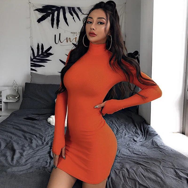 

2019 Autumn Winter Bodycon Short Dress Knitting Cotton Vintage Solid Full O-Neck Casual Dresses Woman Party Night Vestidos