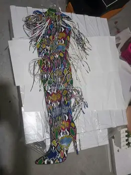 

Tassel Long Boots Belted Stiletto High Heeled Sexy Pointed Toe Snake SKin Mixed Color Winter Women Boot Zipper Over Knee Stiefel