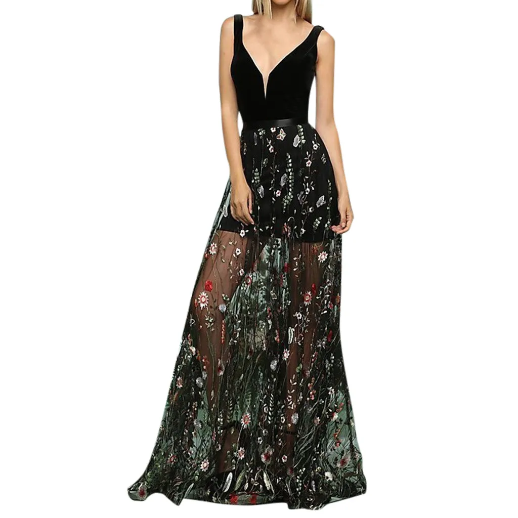 Embroidery Party Long Dress Women's Sleeveless V-Neck Runway Floral Bohemian Vintage Boho Mesh Dresses For Women Vestidos | Женская