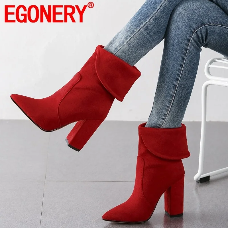 

EGONERY winter new fashion sexy flock ankle boots outside super high heels pointed toe work plus size women shoes drop shipping