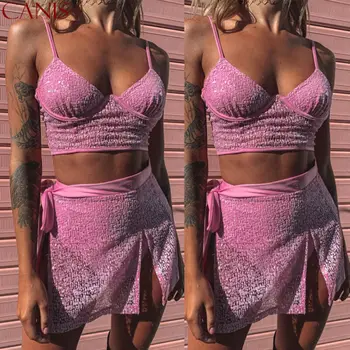 

2020 HOT Selling Elegant 2PCS Women's Mesh Bodycon Crop Top Casual Party Evening Mini Skirt Dress Set Hot