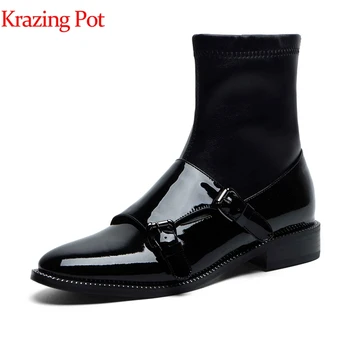 

Krazing pot 2019 cow leather round toe low heels Chelsea boots slip on runway buckle decoration handmade stretch ankle boots l58
