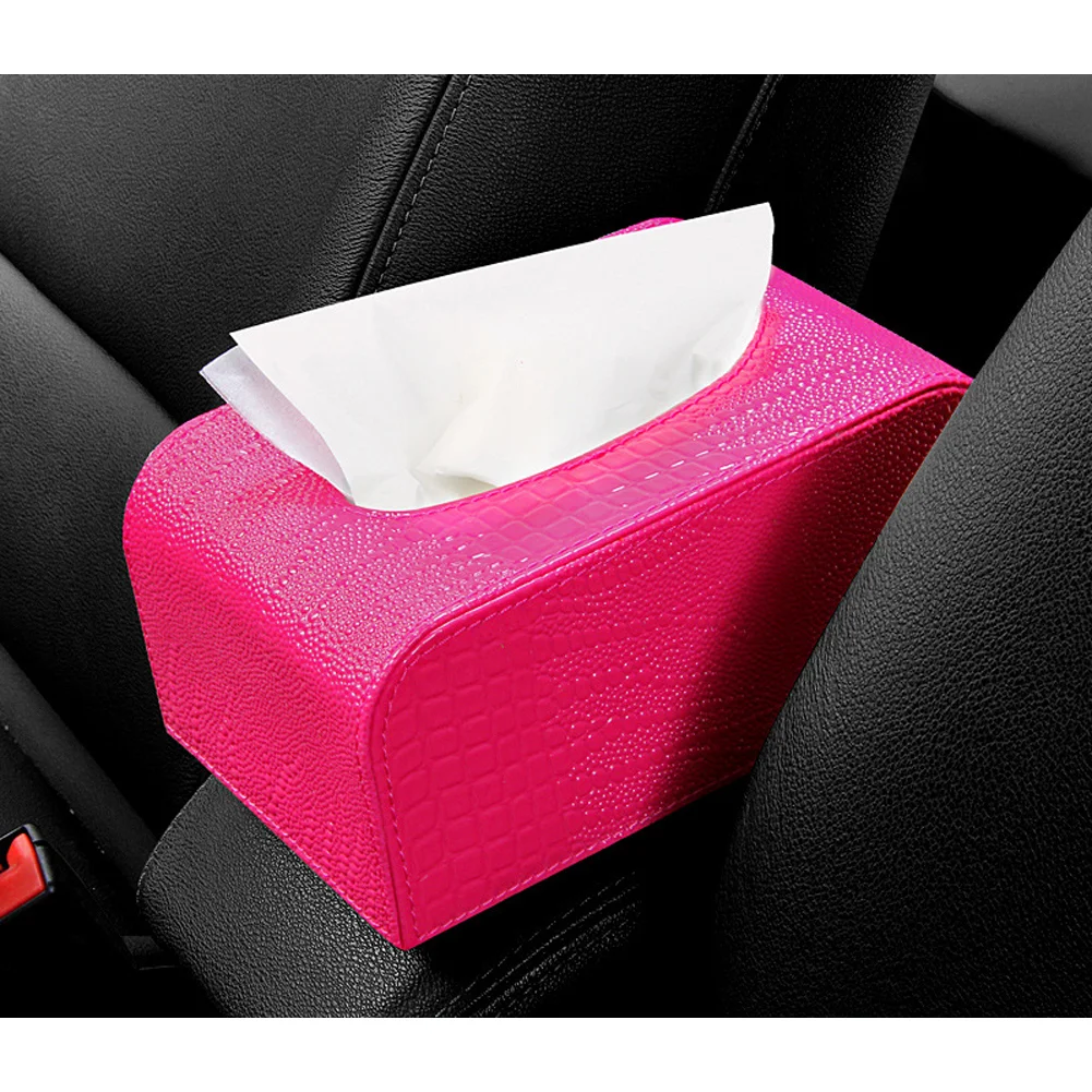 Тканевая коробка из кожи ПУ Прочный Стандартный Держатель для приборной панели автомобиля Дома Офиса - Название цвета: Deep Pink