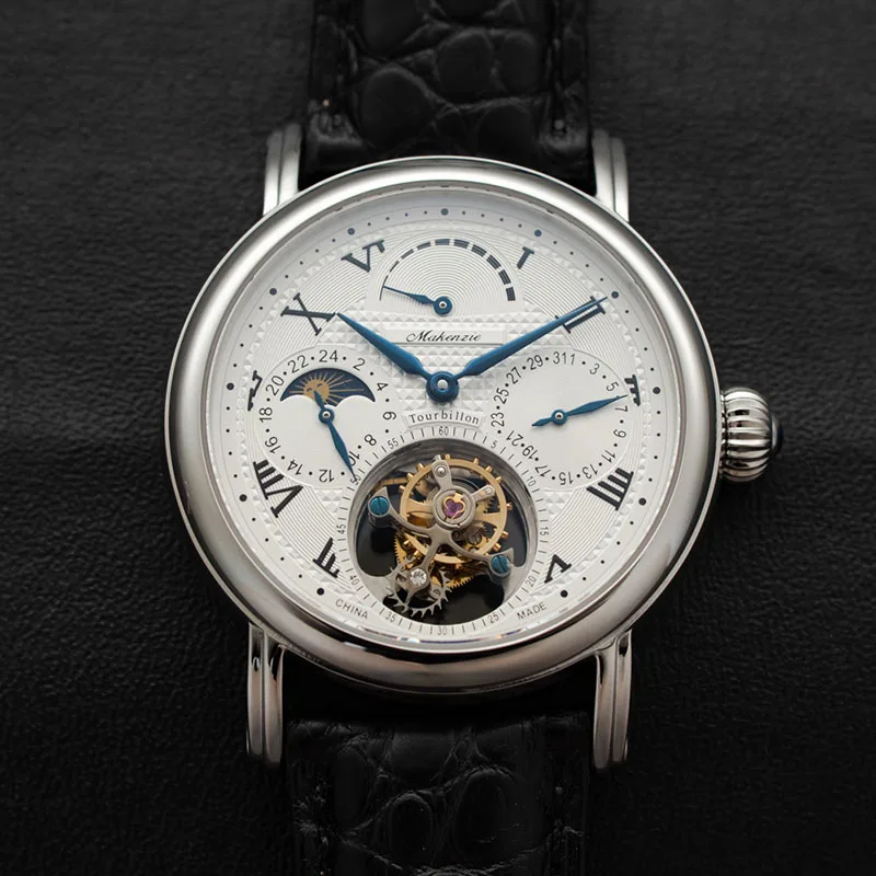 Высококачественные часы с хронографом Pilot Tourbillon, мужские часы с фазой Луны ST8007, модные мужские механические часы с календарем, запас мощности - Color: Black White Black