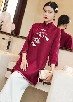 

2020 Summer Pretty Embroidery Blouse High Quality Elegant Three-quarter sleeve Femme Chinese Style Loose Tops