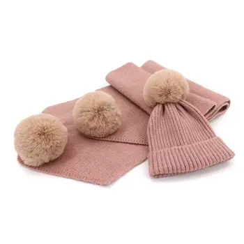 

2Pcs/Set Adult Children Winter Knit Faux Wool Fluffy Pompom Hat Long Scarf Set High Quality and Brand New