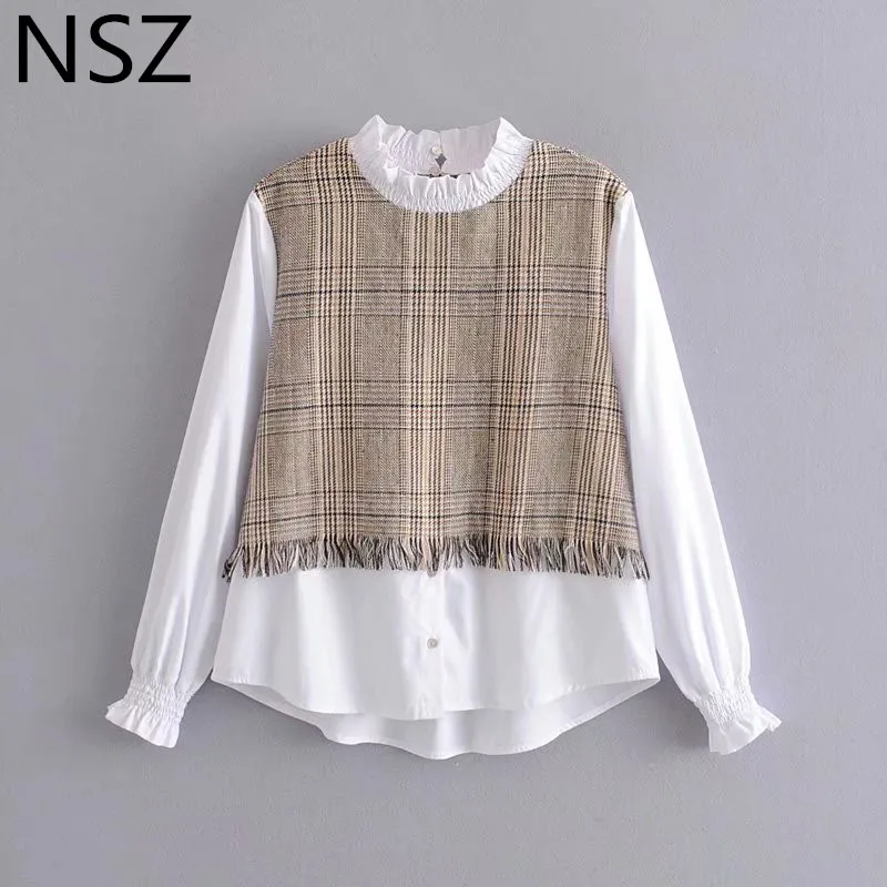 

NSZ women tweed patchwork plaid blouse ruffled collar long sleeve spliced design style white fashion shirt tops blusa camisa