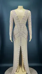 Transparent Rhinestone  Long Sleeves Flashing Train Dress Evening Birthday Costume Women Dancer Celebrate Show Dress YOUDU