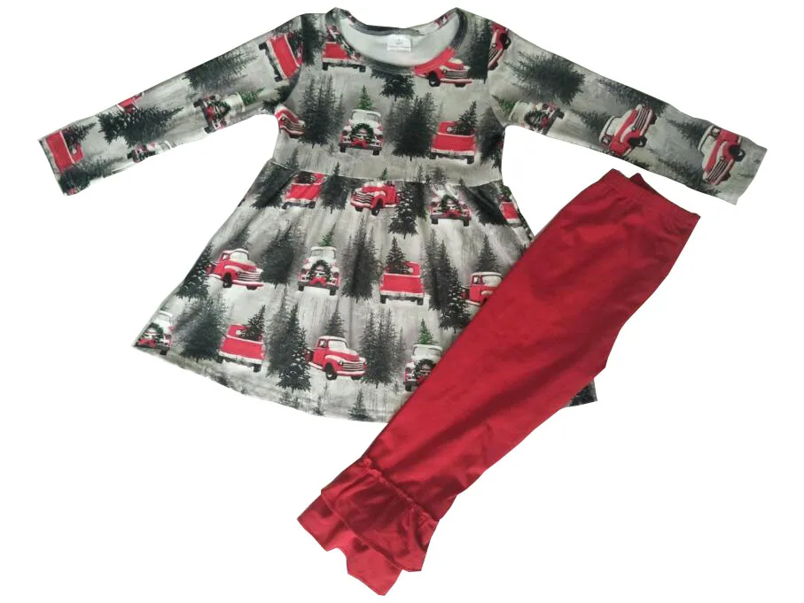 

Children Christmas clothing set gril wear red car print outfits