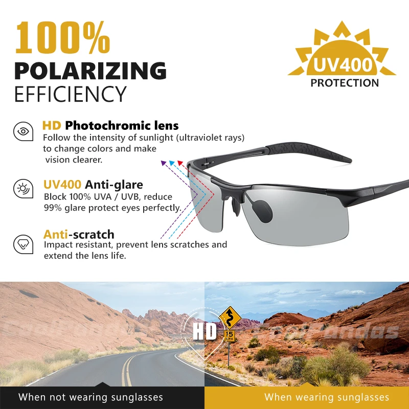 2023 Aluminum Rimless Photochromic Sunglasses Men Polarized Day Night  Driving Glasses Chameleon Anti-Glare gafas de sol hombre