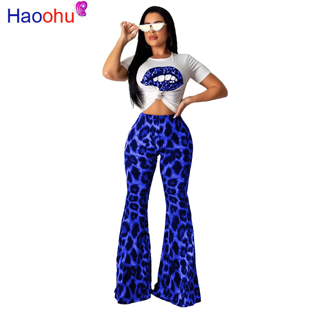 

HAOOHU new product 2019 summer sexy lady leopard long pant set short sleeve T shirt set sexy lady streewear fashion new set