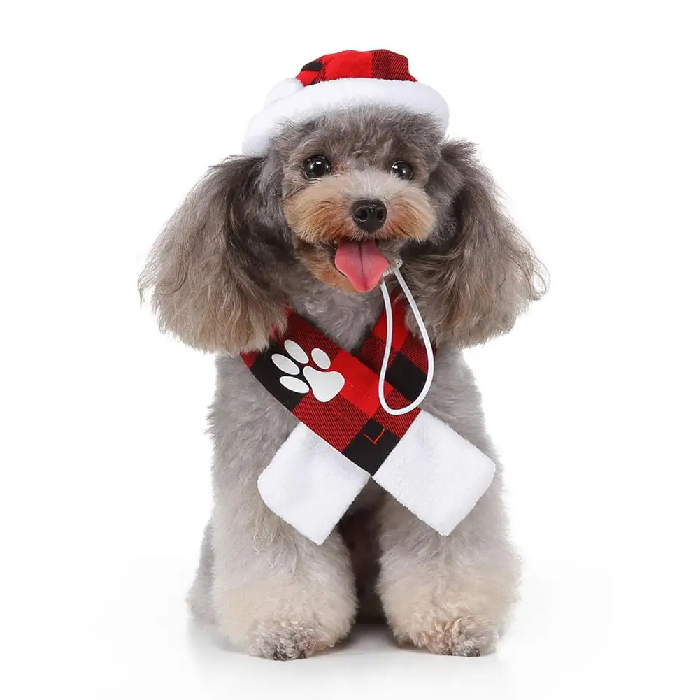Cat Christmas Hat Dog Plaid Scarf Christmas Cap Set for Christmas Decoration and Photography