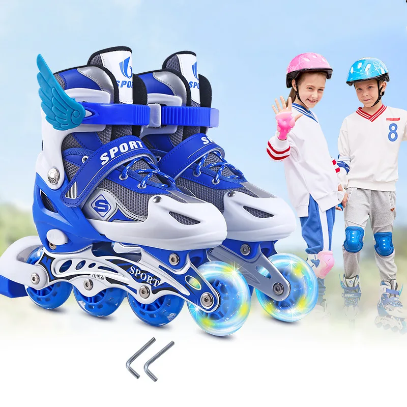 blue M(20.3-23.3CM) Высококачественные Профессиональные роликовые коньки для детей, мужчин и женщин, одиночный Флэш ролик из ПВХ коньки регулируемые - Цвет: blue M(20.3-23.3CM)