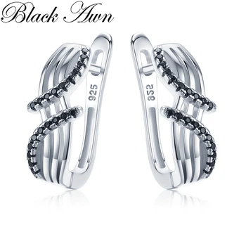 

[Black Awn] Classic 925 Sterling Silver Round Black Trendy Spinel Engagement Hoop Earrings for Women Fine Jewelry Bijoux I146