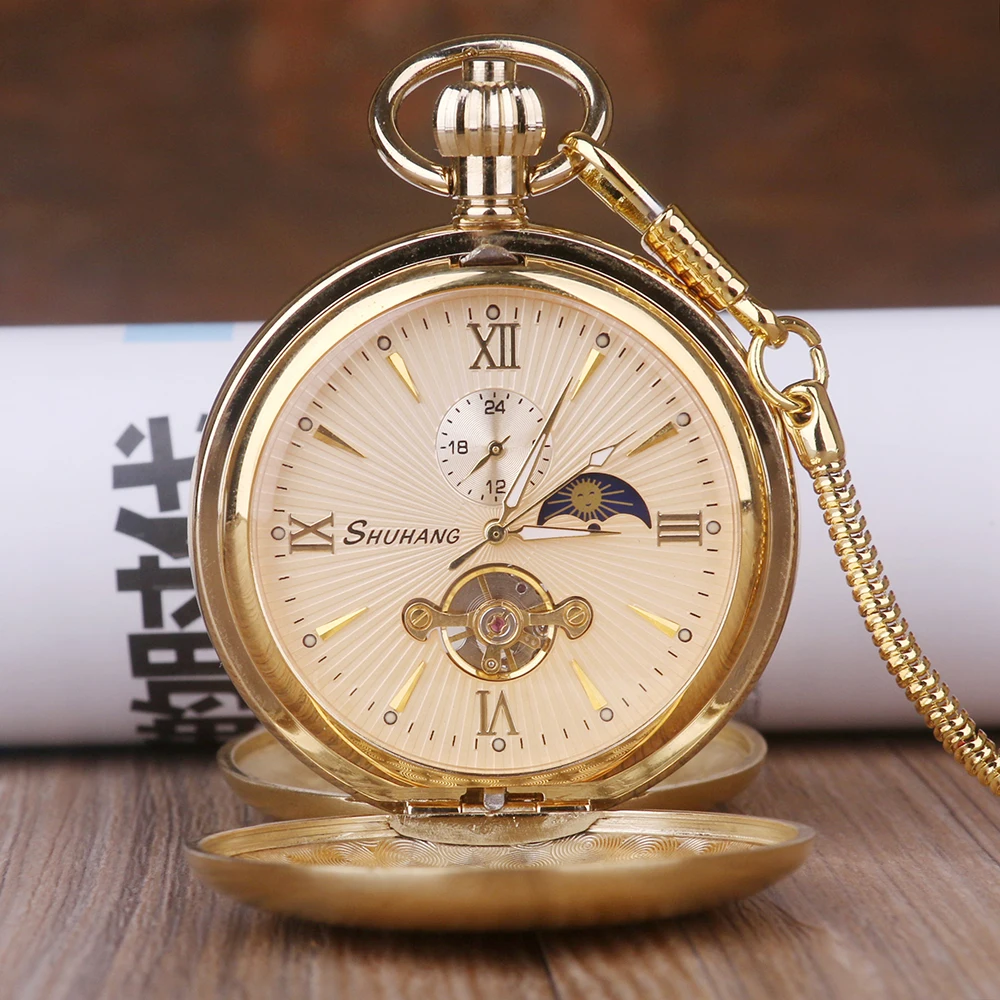 Luxury Golden Moon Phase Mechanical Pocket Watch Roman Number Tourbillon Dial Pendant Chain Men Women Gift Clock