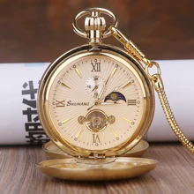 Luxury Golden Moon Phase Mechanical Pocket Watch Roman Number Tourbillon Dial Pendant Chain Men Women Gift Clock