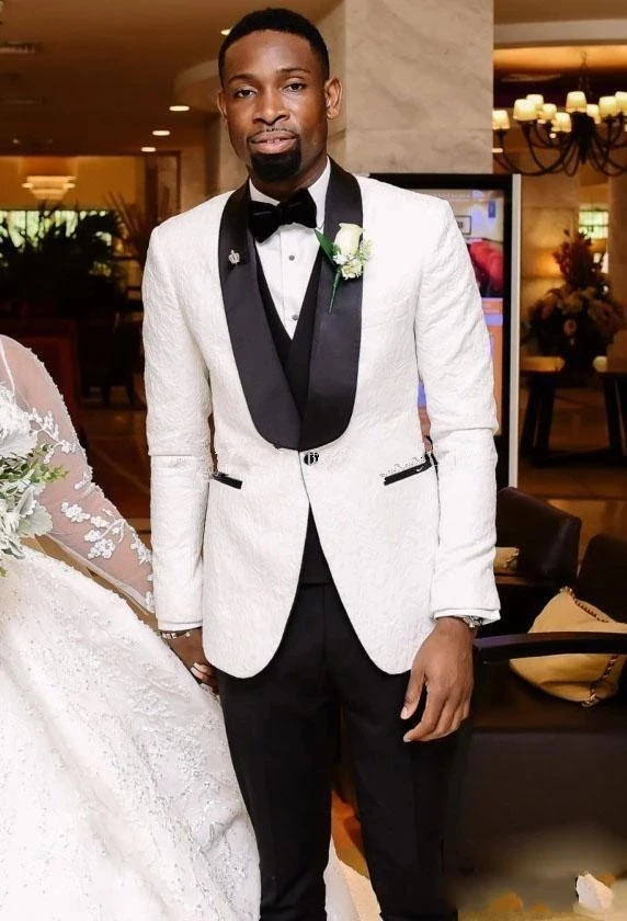 

White Pattern Mens Wedding Suits Black Shawl Lapel 3 Pcs Costume Homme Groom Tuxedos Men Groomsmen Blazer Jacket+Vest+Pant