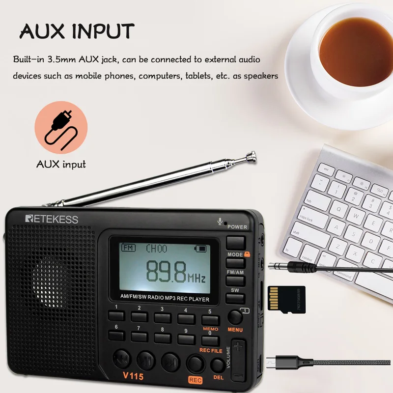 RETEKESS V115 радио AM FM SW карманное коротковолновый fm динамик Поддержка TF карта USB REC