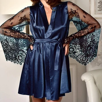 

New Sexy Lingerie Silk Lace Black Kimono Intimate Sleepwear Robe Night Gown Loose Female Bathrobes Intimate Sleepwear