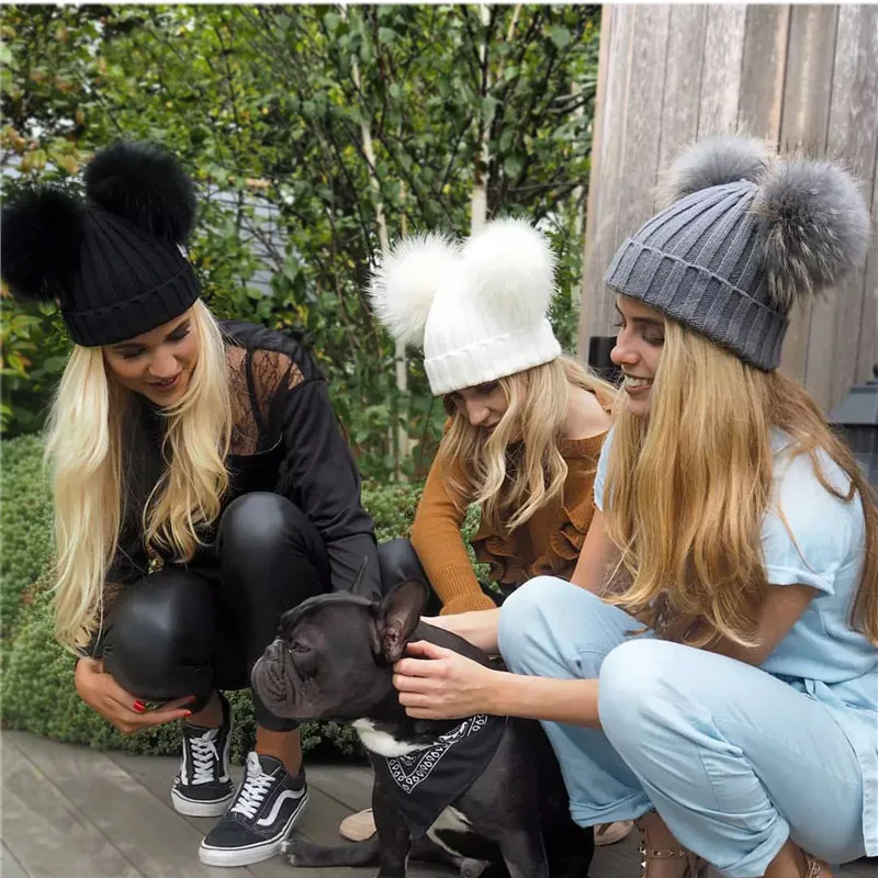 2021 New double natural Pom Poms hat Girls Boys Winter Warm Fur Pompom Ball Knitted Beanies Hat Skullies Beanies Cotton Bonnet