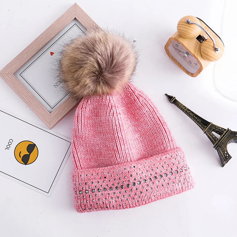 Женская осенне-зимняя Мягкая вязаная шапочка шапка Skullies Beanies со стразами Вязаная Шерстяная Шапка Повседневная модная женская теплая шапка s - Цвет: pink