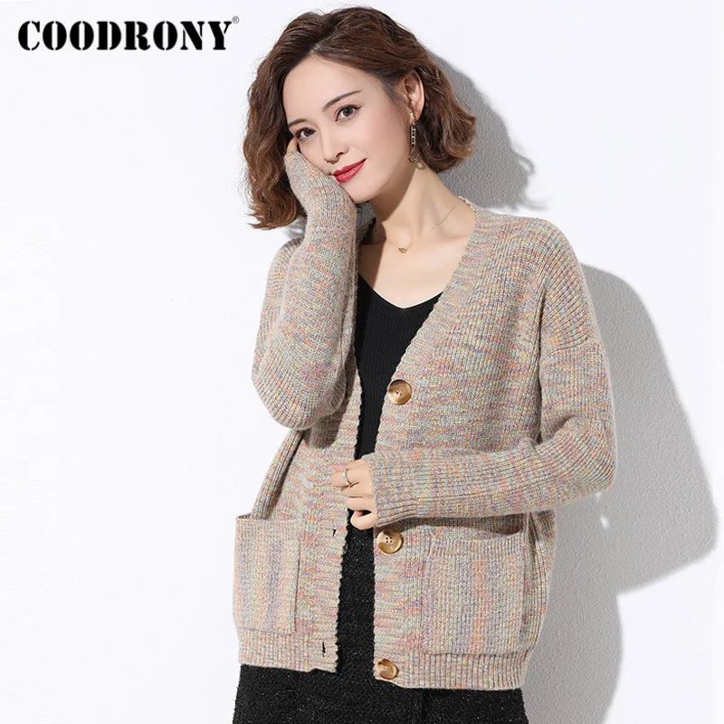 COODRONY Brand Streetwear Fashion V-Neck Warm Woman Cardigan With Pocket Autumn Winter Knitted Casual Slim Sweater Female W1049