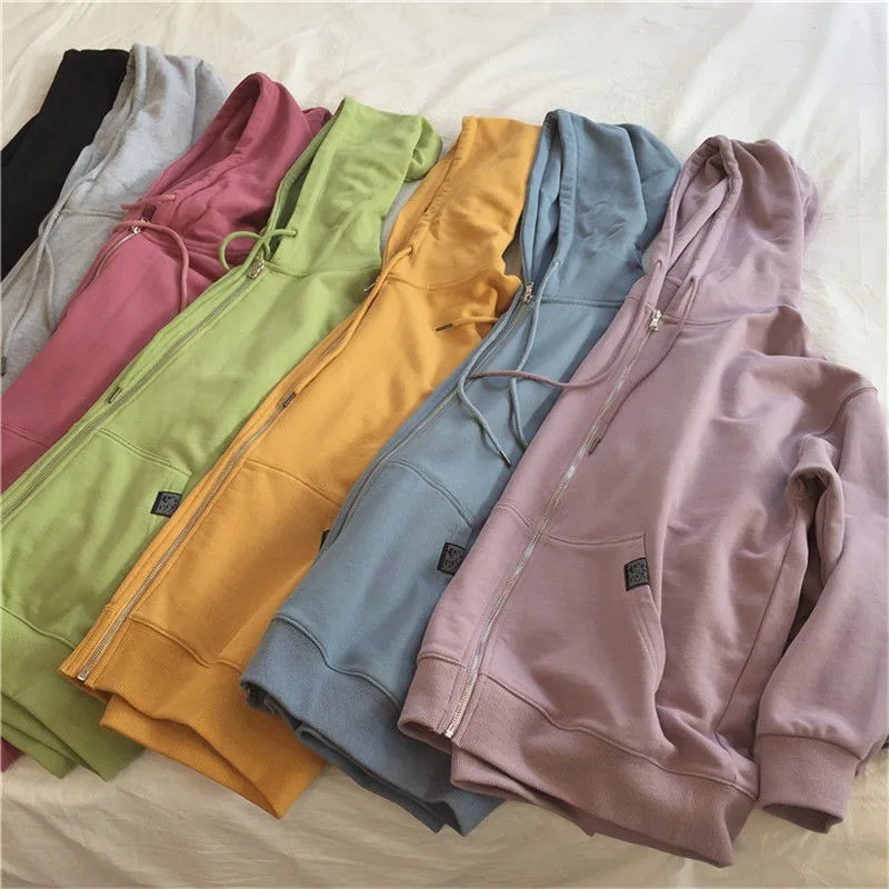 Hat Female Tops Hoodies Women Kangaroo Harajuku Zipper Loose Fashion Solid Casual 