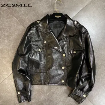 

ZCSMLL 2020 Autumn Lapel Long Sleeve Multi-button Decoration Fried Street Style Handsome Hong Kong Tide Shiny PU Coat
