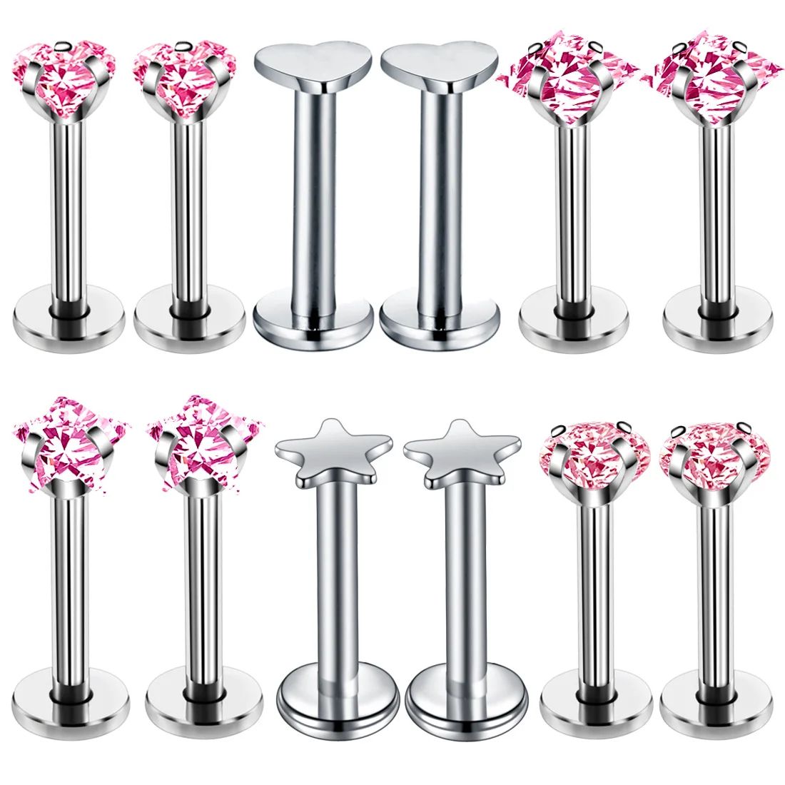 12PC Crystal Labret Piercing Set 16G Heart Tragus Piercing Earring Lot Conch Piercing Set Lip Labret Stud Pack Lobe Earring Bulk - 5