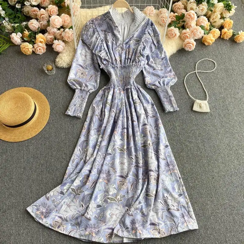 2021 Spring Fashion Women Elegant Slim Printed Stand Color Long Sleeve Party Dress Vestidos De Mujer H137